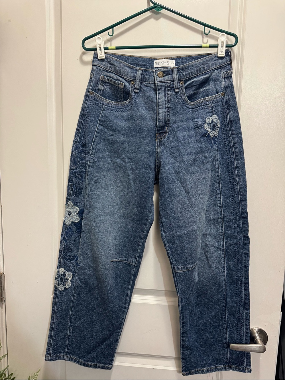 Woven Heart Dark Blue Embroidered Floral Straight-Leg Jeans